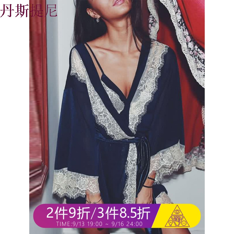 佩莎缇性感睡衣女长袖秋冬冰丝睡袍丝绸缎睡裙家居服蕾丝三件套装