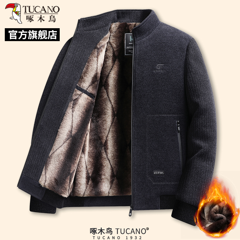 啄木鸟冬季新款男士加绒加厚毛呢大衣中老年爸爸装翻领棉衣外套新高清大图