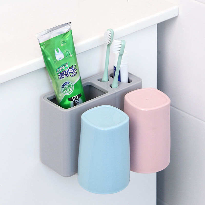 多规格牙刷架子洗漱套装带杯子壁挂式免打孔无痕粘贴挂钩漱口杯座 情侣两杯带杯牙刷架