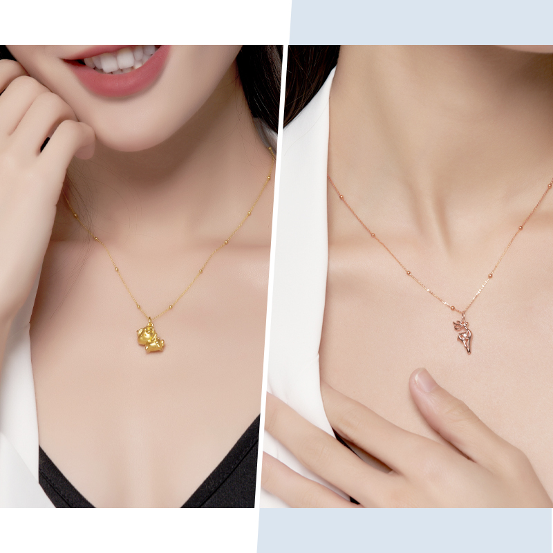 潮宏基珠宝珠意彩金项链间珠链女款黄18k金玫瑰金配链