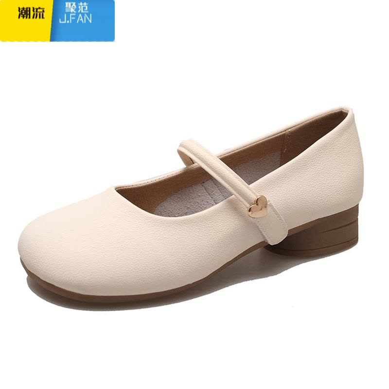 聚范圆头浅口复古百搭配裙子粗跟单鞋女2024新款夏季白色法式玛丽珍鞋图片