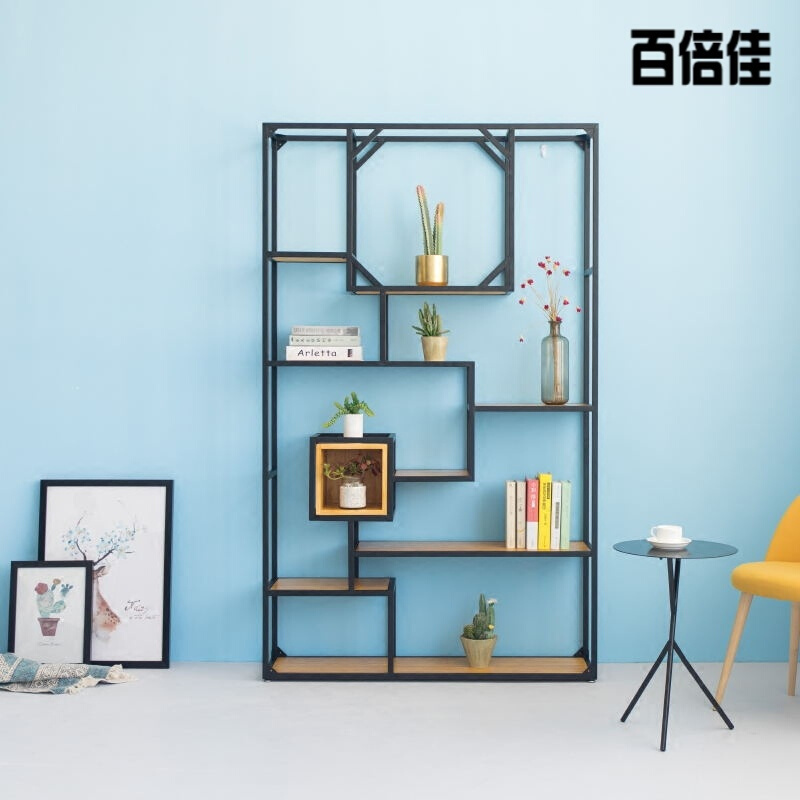 新款创意铁艺展示架实木隔断置物架书架工业风玄关格子架loft办公室屏风铁艺隔板架子壹德壹