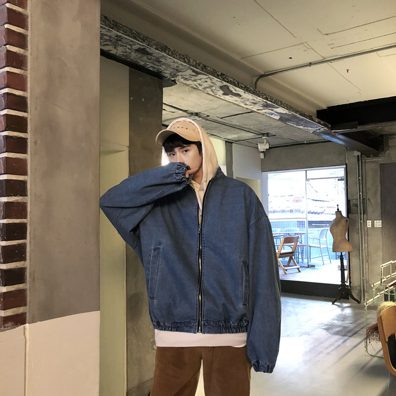 2018春夏年轻男士浅蓝色宽松休闲外套 机车复古小立领牛仔夹克男