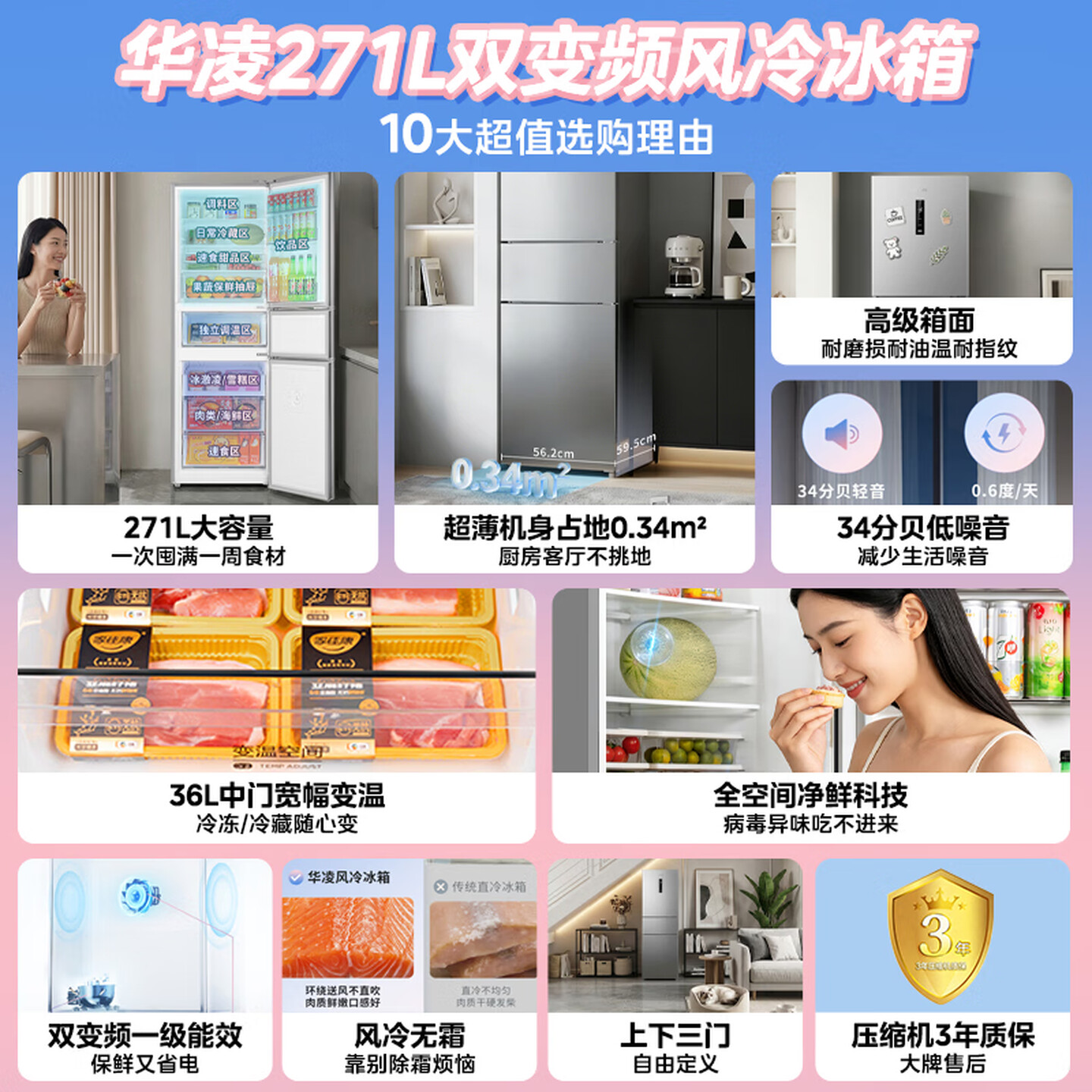 [自营]美的冰箱出品华凌271L三门冰箱一级能效超薄双净化风冷无霜HR-282WTP 以旧换新 国补高清大图