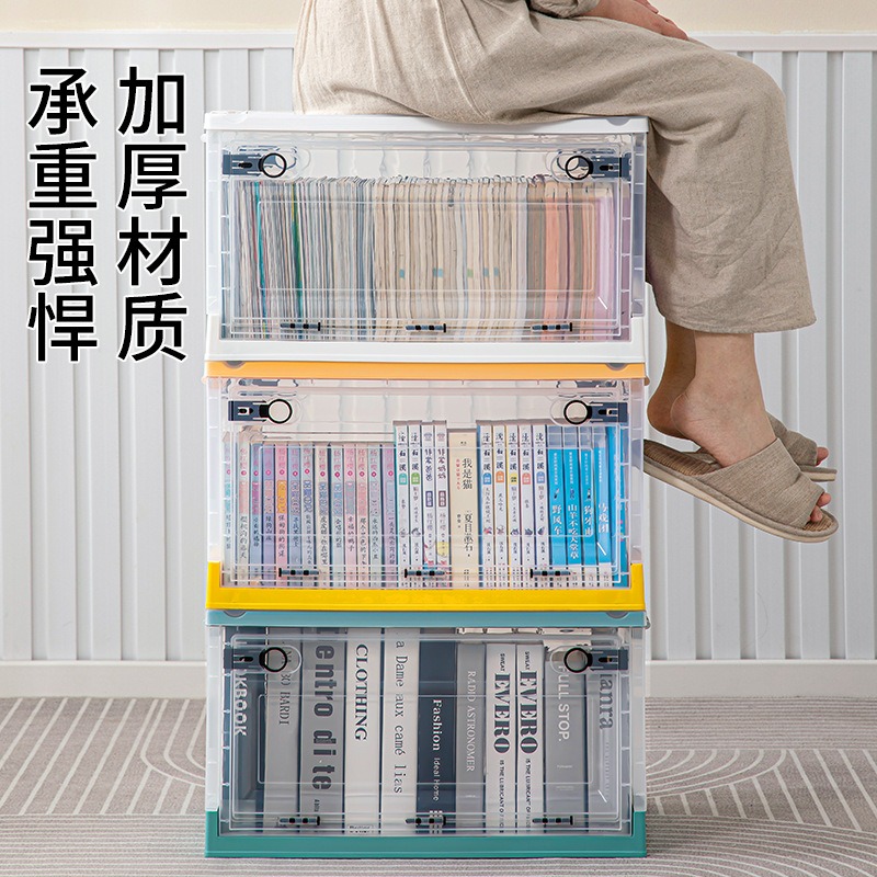 华普思透明收纳箱侧开门储物箱学生宿舍书本折叠箱可叠加家用书籍整理箱透明&龙胆绿中号约27L(41*29*24CM)高清大图