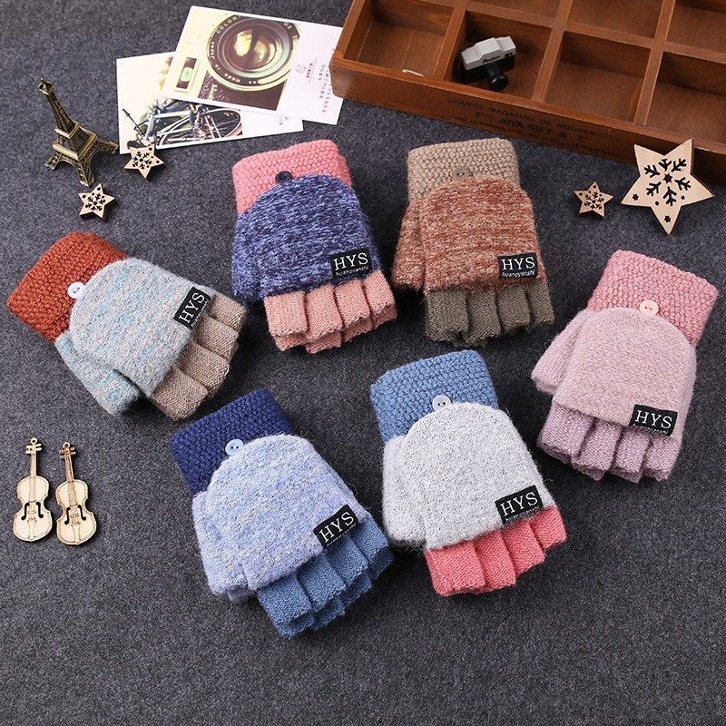 针织半指灰白色均码秋冬款少女护手掌防风手套大童女小学生中学生冬季