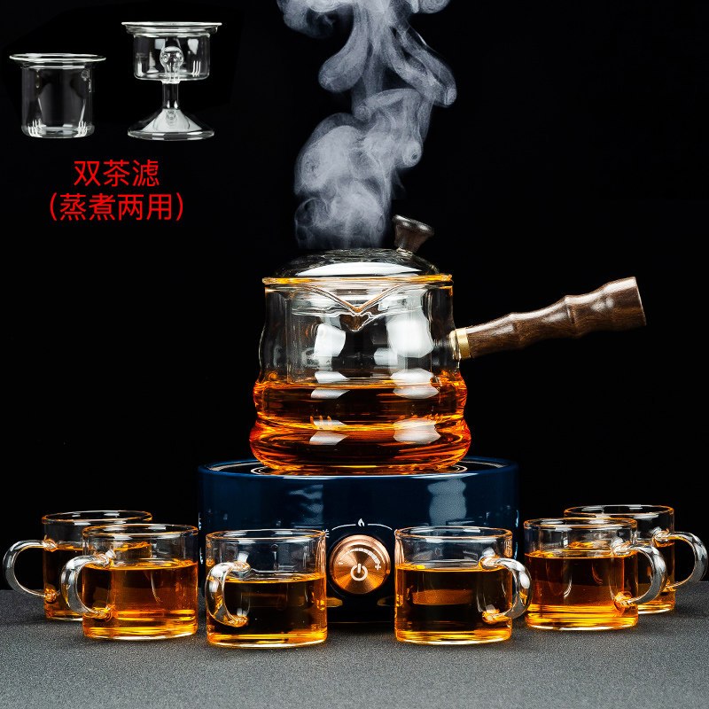 家用玻璃煮茶器黄金蛋电陶炉套装侧把烧茶壶普洱蒸汽蒸茶壶泡茶整套 简馨霁蓝电陶炉+格馨煮茶壶8件套