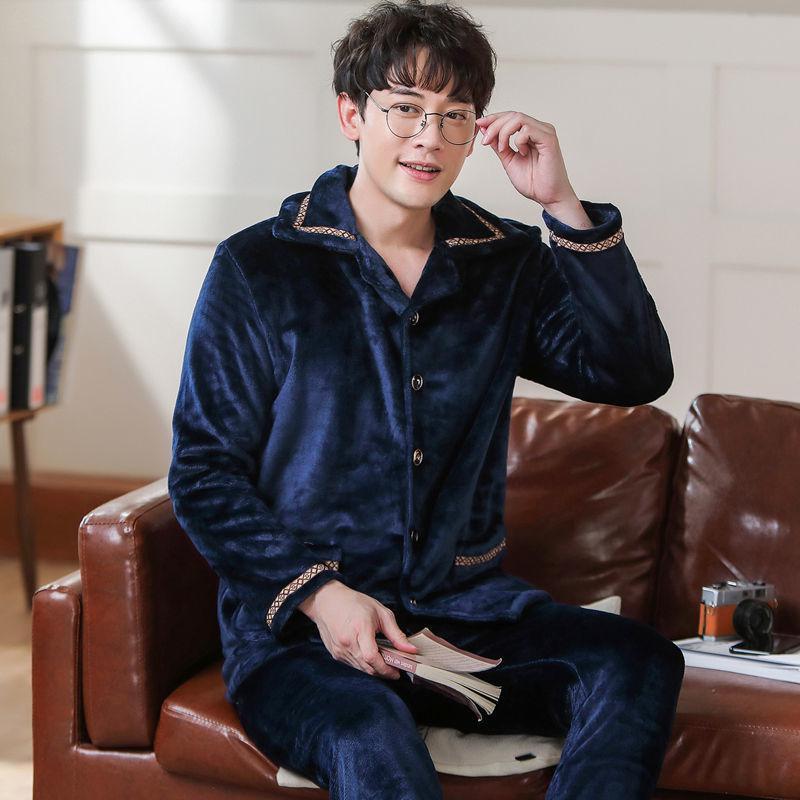 睡衣男长袖秋冬季珊瑚绒加厚加绒冬款男士法兰绒加大码家居服套装