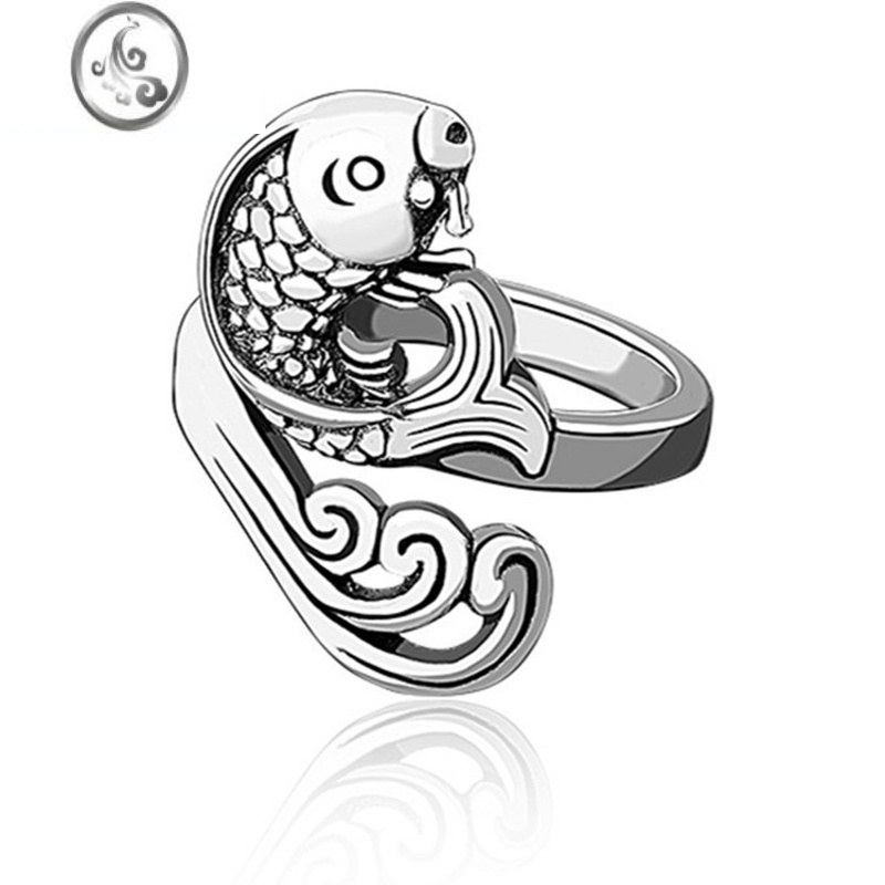 jimi复古泰银波花鲤鱼戒指女民族风创意年年有鱼戒指开口指环时尚个性