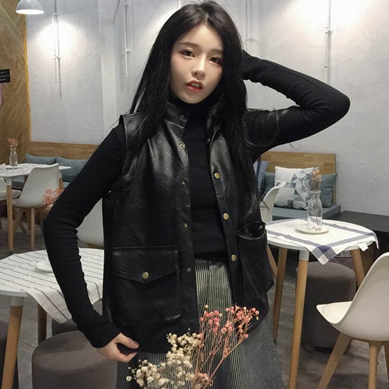 春秋韩版PU皮马甲女港味短款百搭机车无袖皮衣背心坎肩潮 黑色 均码