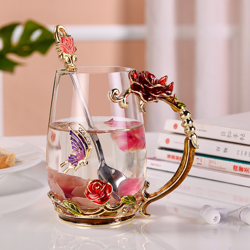 珐琅彩水晶花茶杯随手烘焙精灵水杯玻璃杯子家用欧式咖啡杯带把盖勺礼盒装 [水晶款]红玫瑰矮杯(简装送勺子擦杯布)