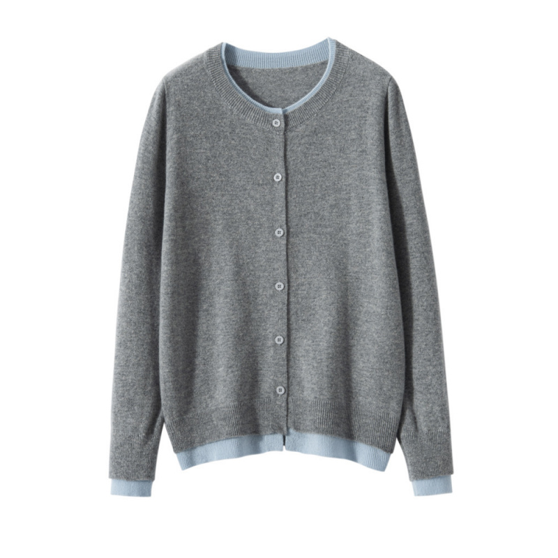 山羊绒衫春新款假两件撞色拼接舒适软糯羊绒圆领女士针织纽扣开衫