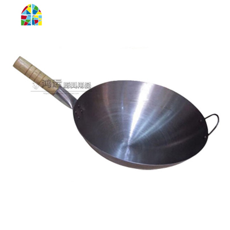 饭店炒菜锅厨师炒锅木柄熟铁炒锅不粘锅圆底炒锅轻便炒锅电磁炉锅 FENGHOU 45cm木把有耳锅+10两钢把炒勺高清大图