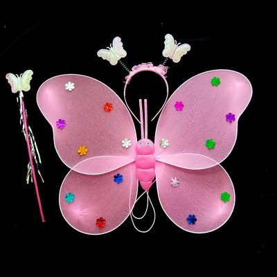 儿童天使仙子女童道具公主女孩玩具魔法棒小花朵粉色蝴蝶翅膀三件套