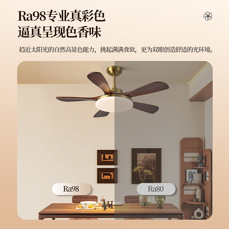 雷士照明实木扇叶餐厅吊扇风扇灯客厅卧室吸顶灯中古中式电风扇灯高清大图