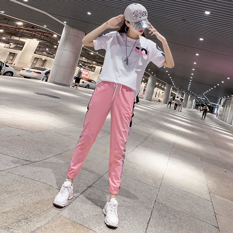 真维斯清纯甜美休闲运动服套装女装夏薄款两件套短袖束脚九分裤潮图片