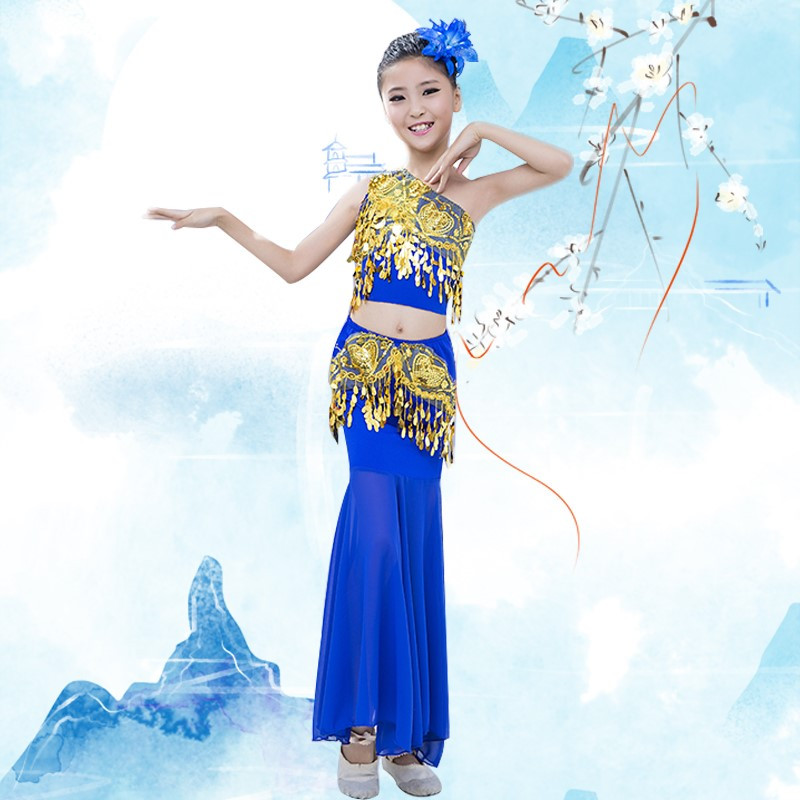 裙款绿色送头花100cm三月三傣族儿童孔雀舞蹈演出服练功服少数民族