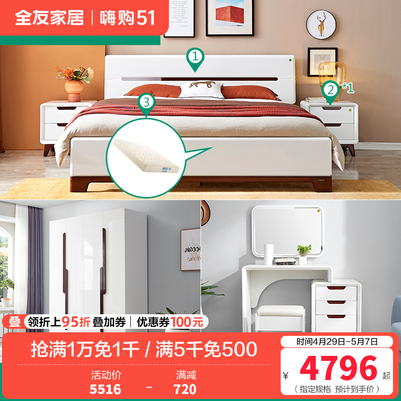 全友家居 现代简约卧室家具套装 双人床衣柜梳妆台凳 1.5米床+床头柜*1+105001床垫+四门衣柜+梳妆台凳