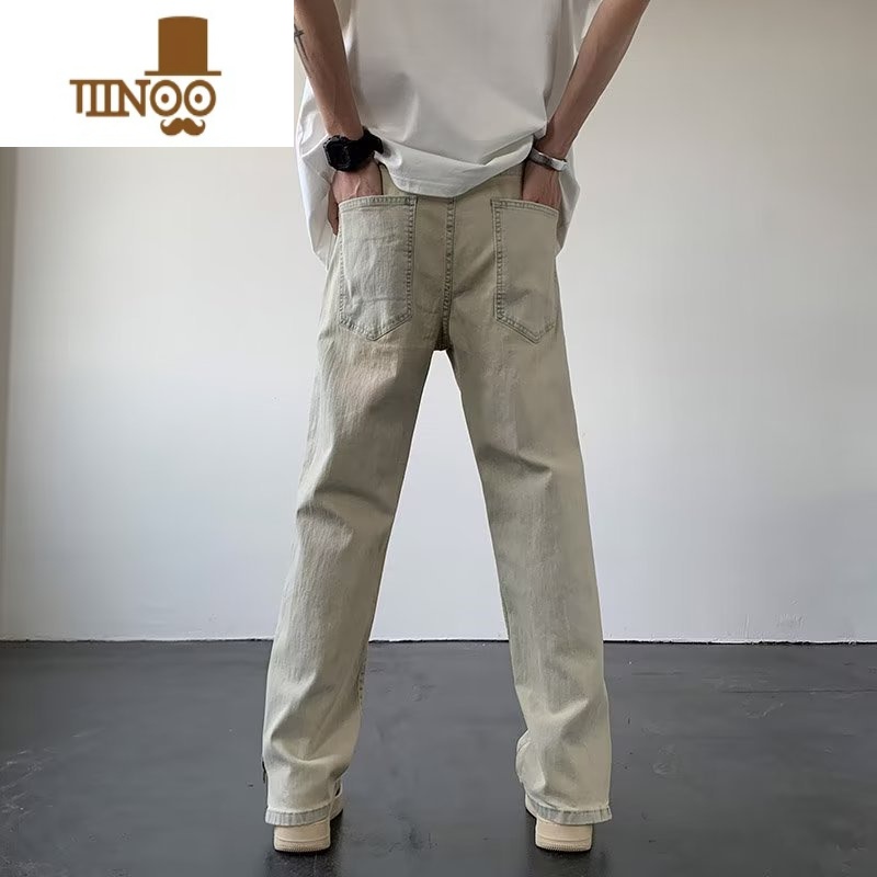 YANXU黄泥微喇牛仔裤男夏季复古水洗裤子美式高街潮牌直筒侧边拉链长裤高清大图