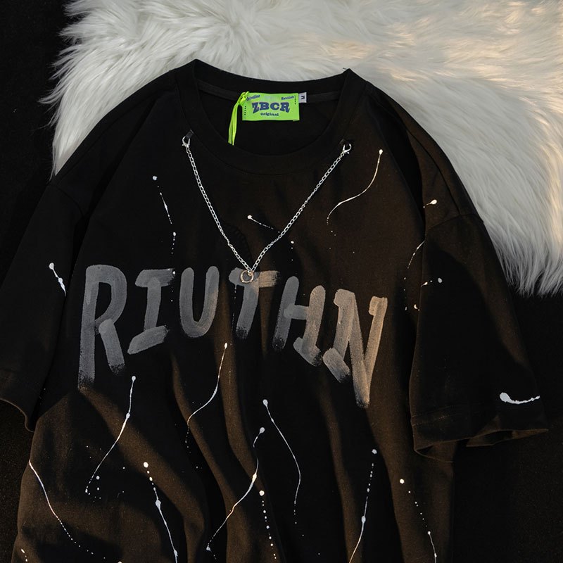 WOOG2005美式复古重磅短袖T恤男设计感西海岸泼墨拉链黑色半截袖