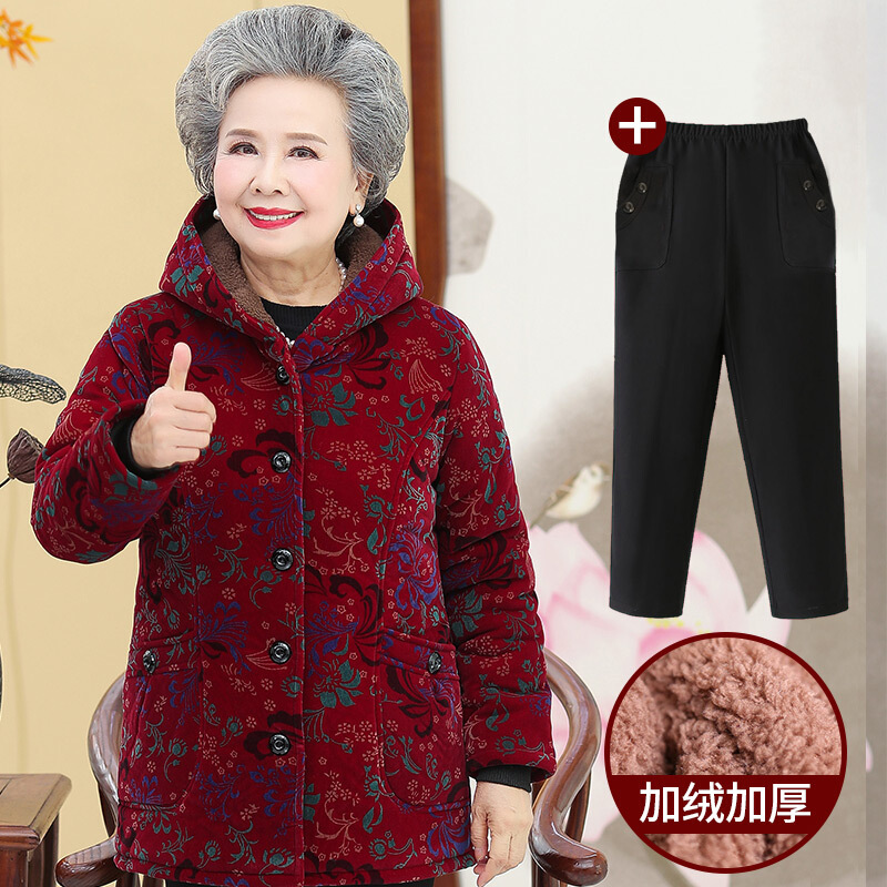 迪鲁奥(DILUAO)老年人冬装女70岁奶奶装棉衣胖妈妈秋冬款老太太老人加厚棉袄衣服 凤尾红（上衣+裤子） 2XL（建议105-120斤）