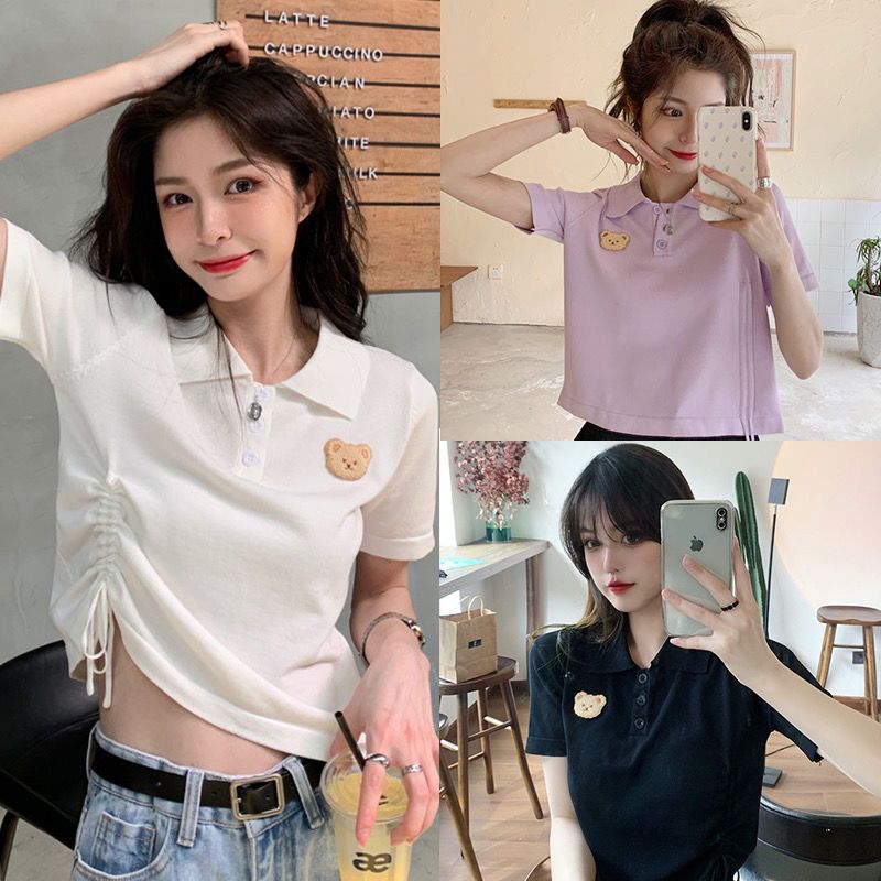 白色小熊短袖t恤女ins潮2021新款夏季设计感短款抽绳polo领上衣服