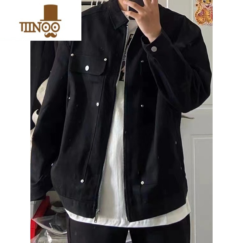 YANXU美式潮牌oversize撞钉贴片牛仔外套男高街复古嘻哈宽松拉链夹克片高清大图