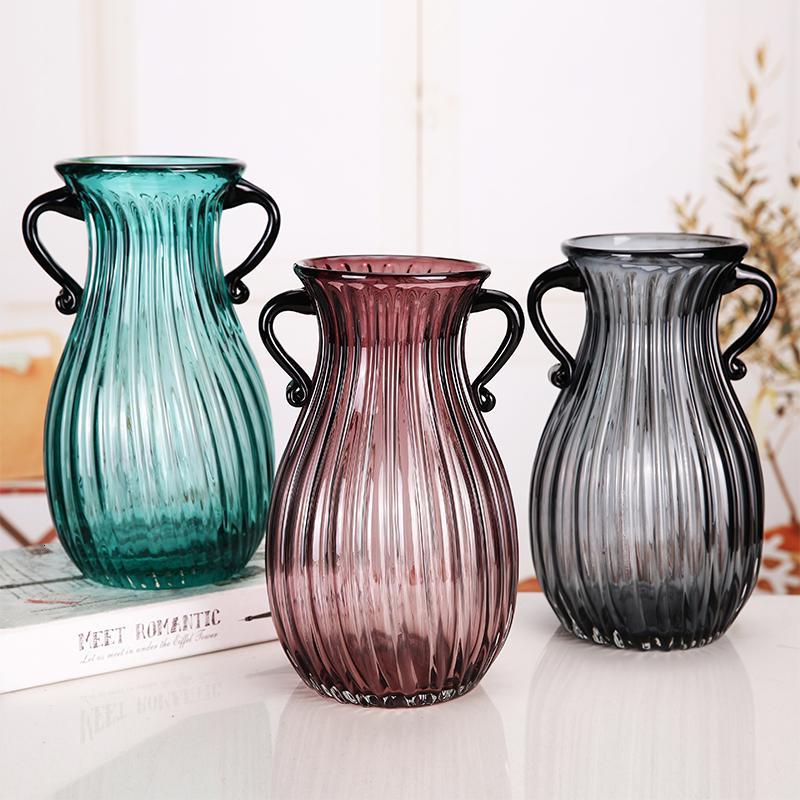 双耳彩色玻璃花瓶摆件欧式家居装饰品创意客厅圆口仿真花水培花瓶s35