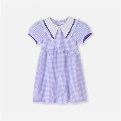【1件3折】铅笔俱乐部2025夏装新款女童连衣裙儿童翻领格子裙中大童甜美裙子 粉紫 160cm
