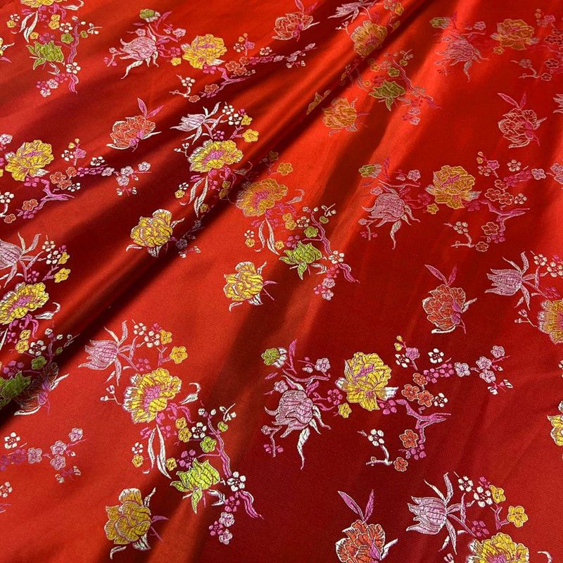 中国风织锦缎石榴花缎面布料和服汉服礼服儿童衣服布料手工面料 金黄