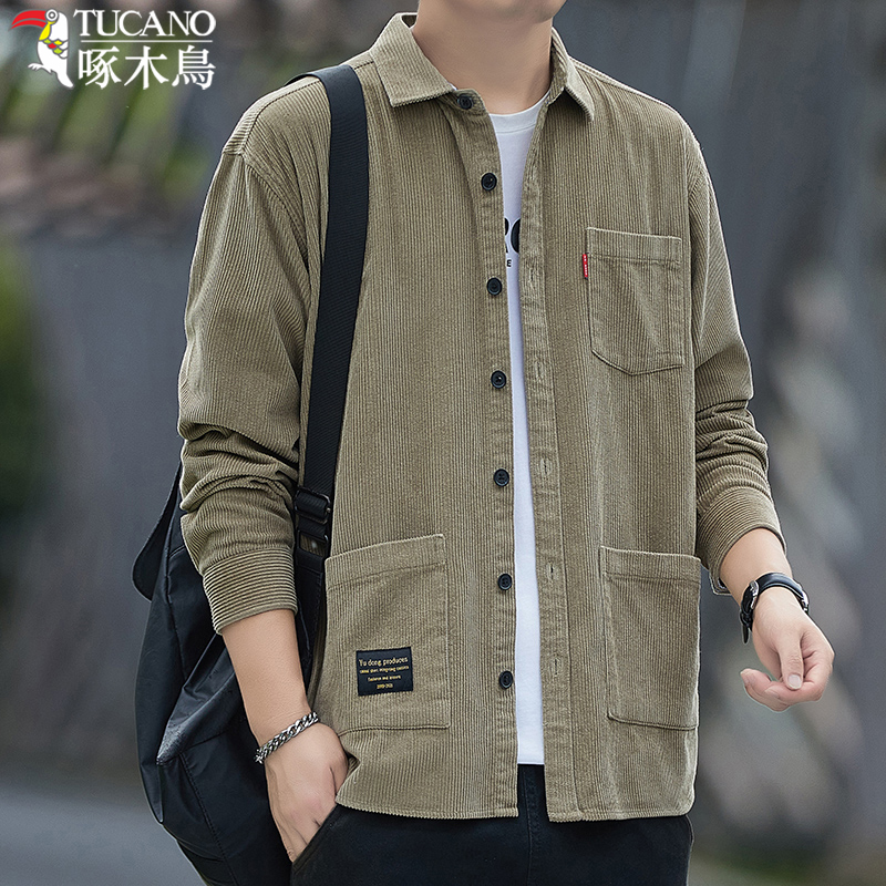 啄木鸟纯棉灯芯绒衬衫男士秋冬款长袖工装风全棉宽松衬衣男装外宽高清大图