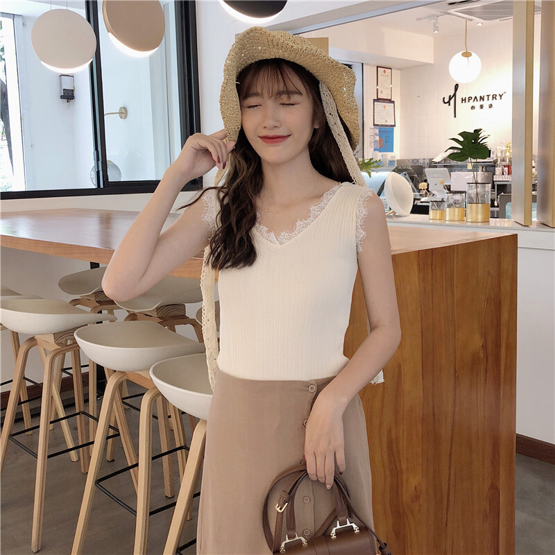 无袖T恤女修身内搭打底睫毛蕾丝拼接带上衣夏外穿背心雾霾蓝均码
