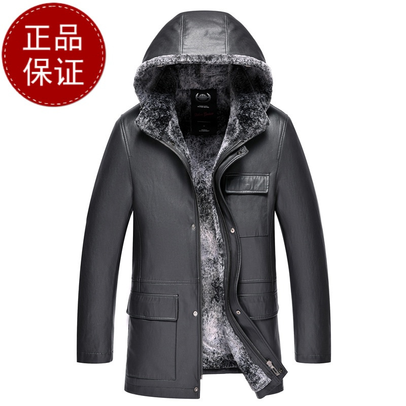 免费试穿 高端皮草 海宁雪兔绒皮毛一体男 春秋新款男式中长款真皮皮衣依诺柏尼品牌男士商务大码真皮外套爸爸装