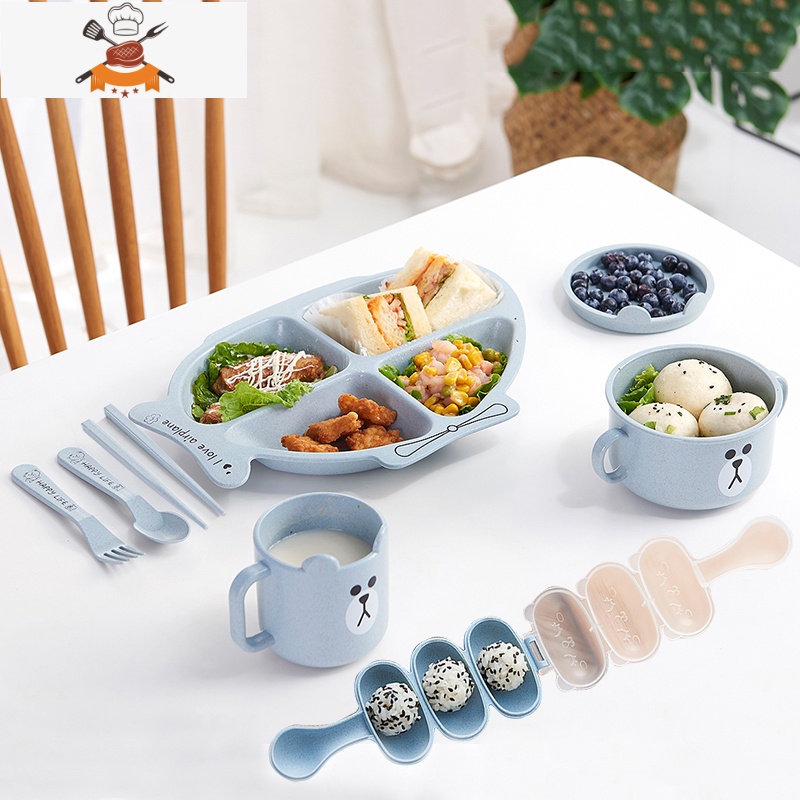 卡通儿童餐具套装分隔餐盘家用早餐盘子宝宝幼稚园分格盘饭团模具 汽车款5格8件套 北欧粉 敬平高清大图