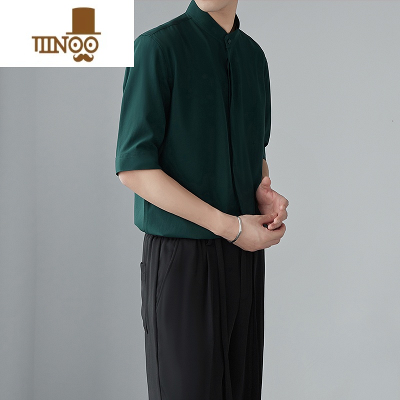 YANXU古着新中式男士短袖衬衫夏季立领衬衣感冰丝垂感感立夏夏高清大图