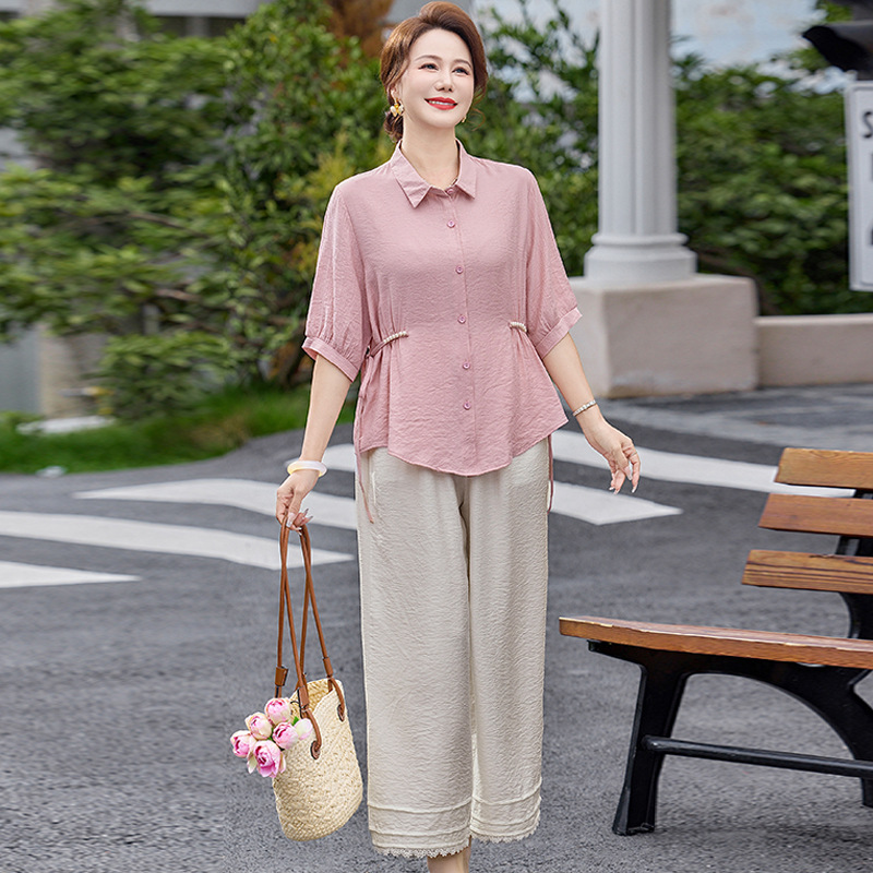 纤孜雅 夏季时尚中年妈妈装衬衫中袖宽松洋气中老年女装夏装休闲气质套装高清大图