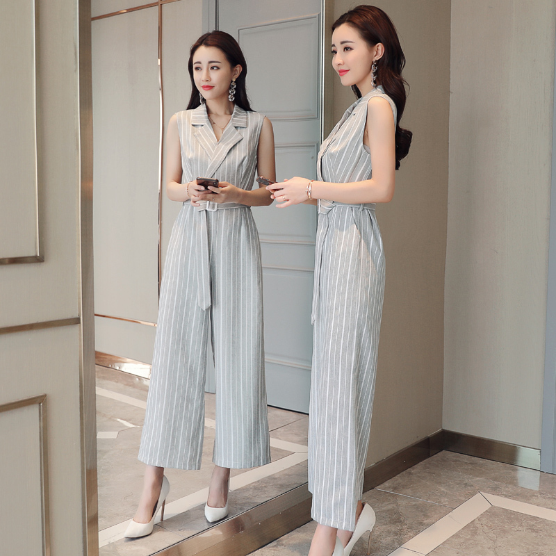 女士夏款新品女装条纹阔腿连体裤套装夏装韩版高腰显瘦连衣裤女潮