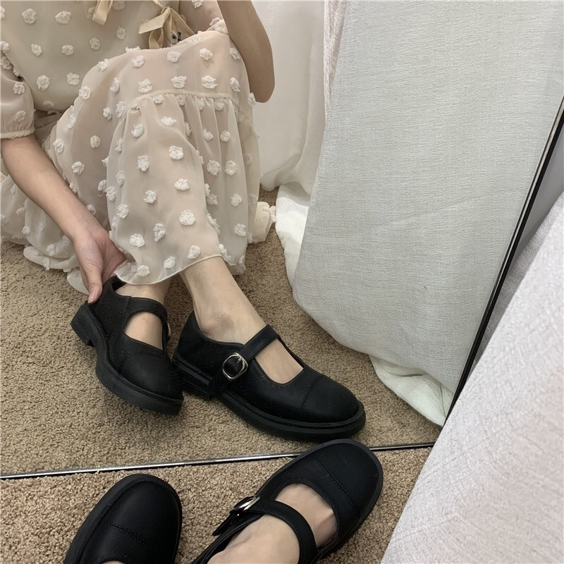 2021春新品女鞋复古英伦方头一字搭扣玛丽珍单鞋韩版黑色小皮鞋潮 黑色 40 脚宽脚胖拍大一码