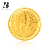 ZSK珠宝 2021年牛年金币红包9999足金投资金压岁钱辛丑牛十二生肖收藏黄金摆件重0.1克