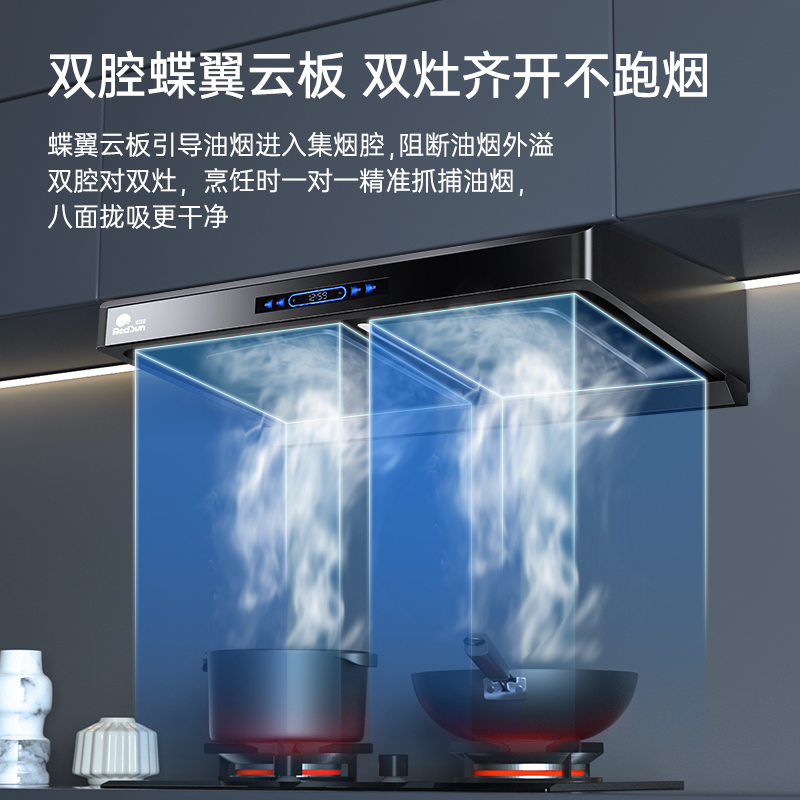 红日(RedSun)烟灶套餐家用欧式23立方瞬吸1000pa强排烟机挥手感应油烟机变频双腔定时套装22H+TEM618B高清大图