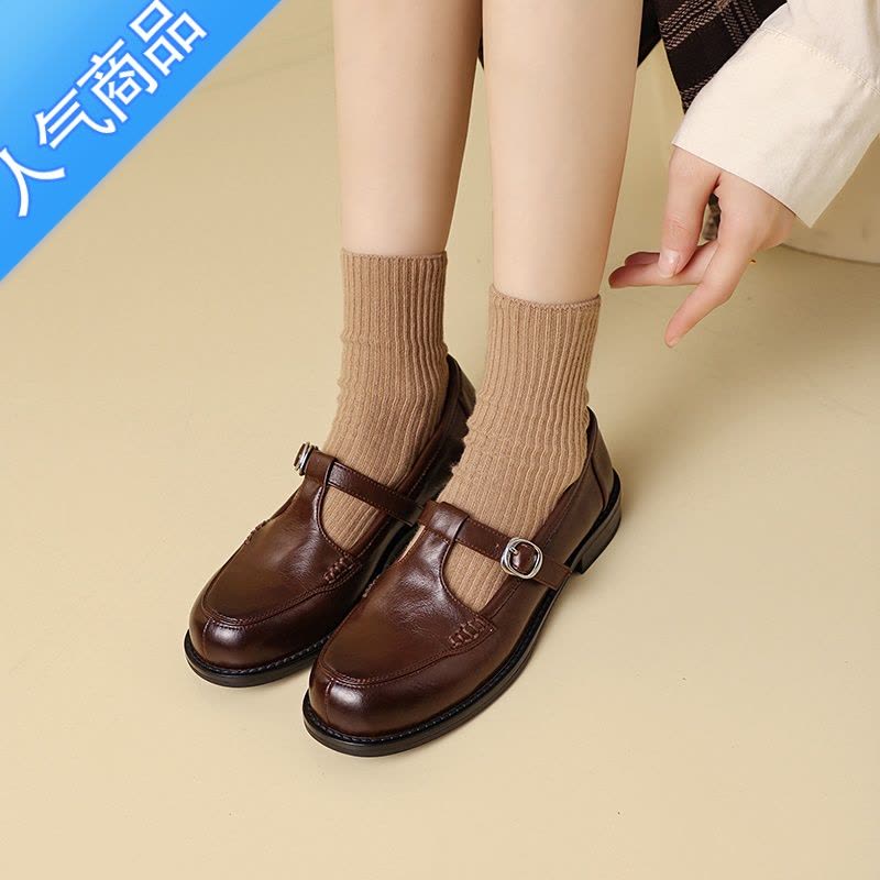 SUNTEK2023年 春季新款复古T字扣玛丽珍鞋女棕色乐福鞋低跟单鞋小皮鞋潮图片