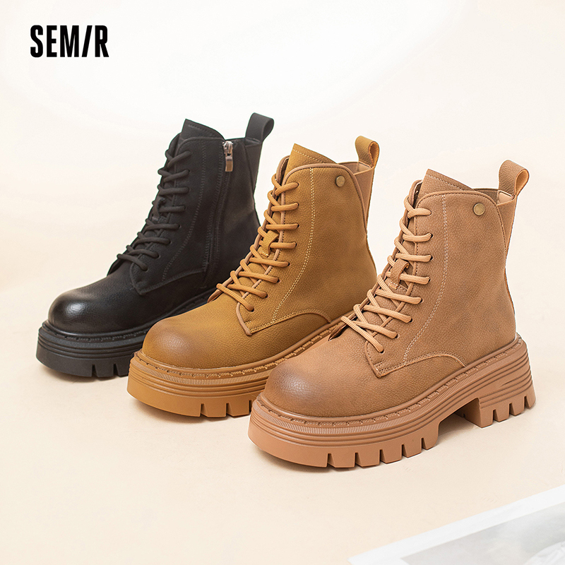 semir女鞋2023冬季新款加绒显瘦马丁靴复古英伦风百搭增高女靴子