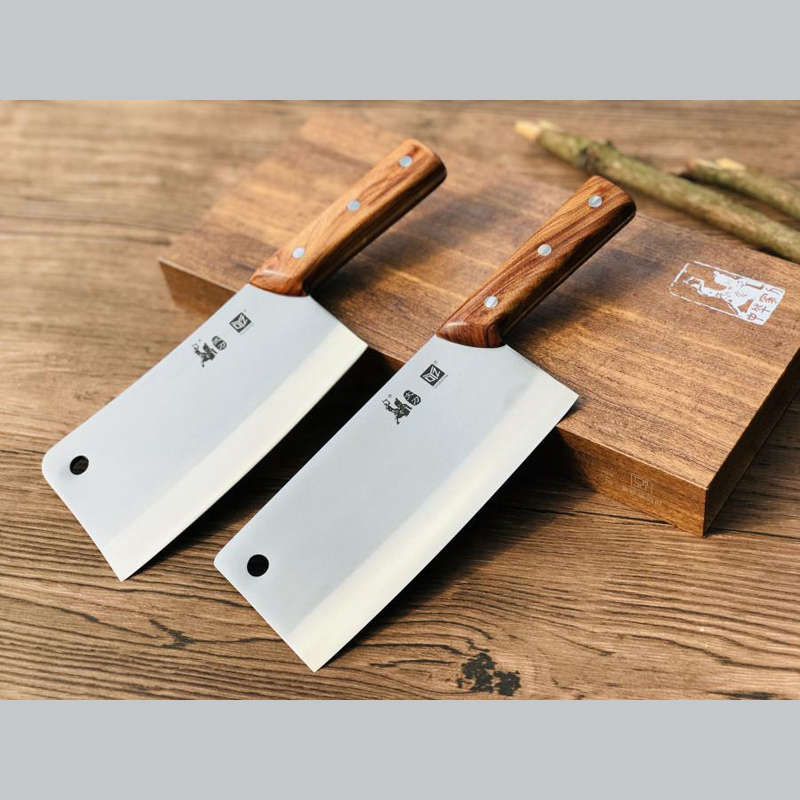 [拿铁OYZ手工锻打中华家刀]文武双刀(切片刀、崭骨刀)、菜刀刚玉磨刀石三件套(至亲版 )