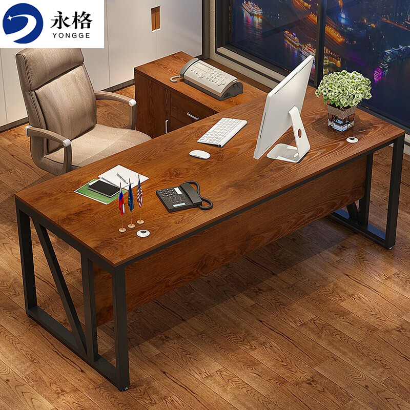 永格办公家具办公桌组合职员工电脑桌屏风工位现代简约单人办公室老板桌椅黑架+金橡木色总长1.6米[含侧柜]