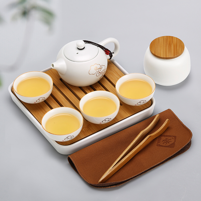 常生源 旅行茶具套装 便携陶瓷功夫茶具 办公室 一壶四杯 带茶盘茶叶罐茶夹茶巾 手提包 祥云如意套组高清大图