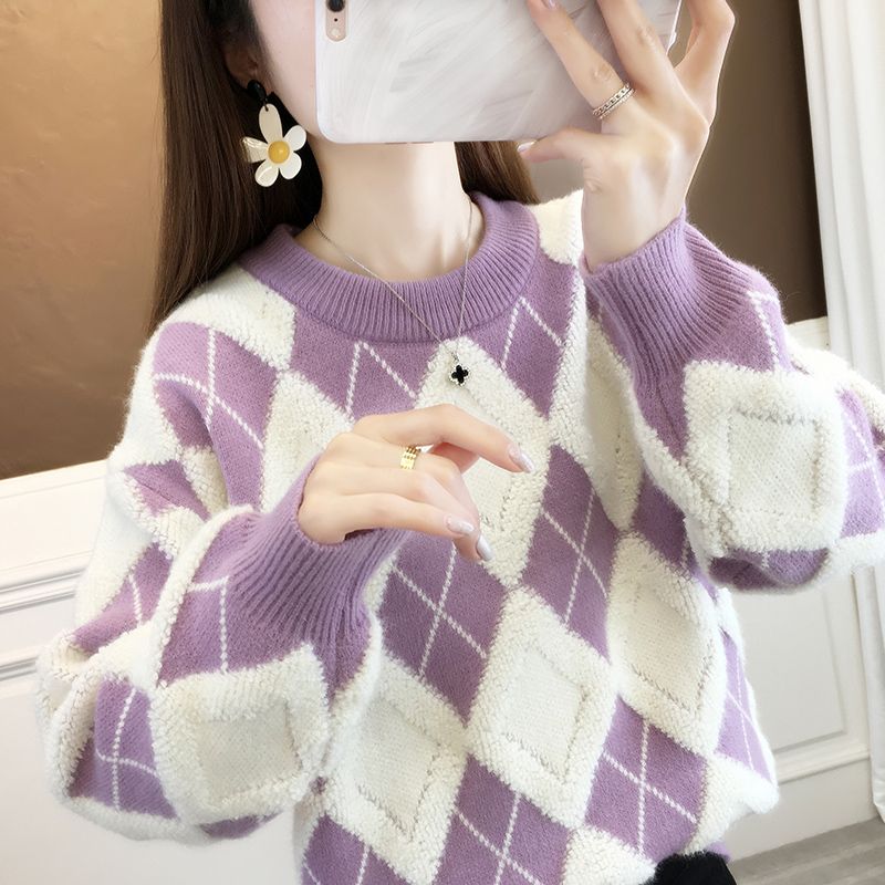 冬季加厚菱形毛衣女紫色秋冬外穿2023新款红色针织宽松打底衫高清大图
