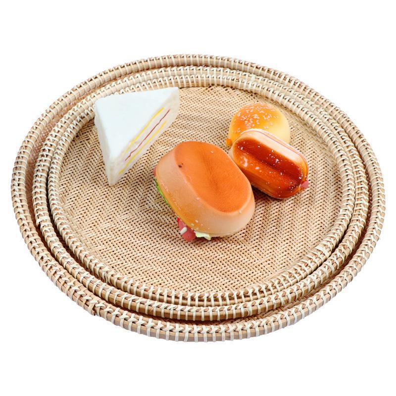 竹编扁筛子家用饺子盘厨房收纳晾晒镂空圆形簸箕客厅竹制品点心筐