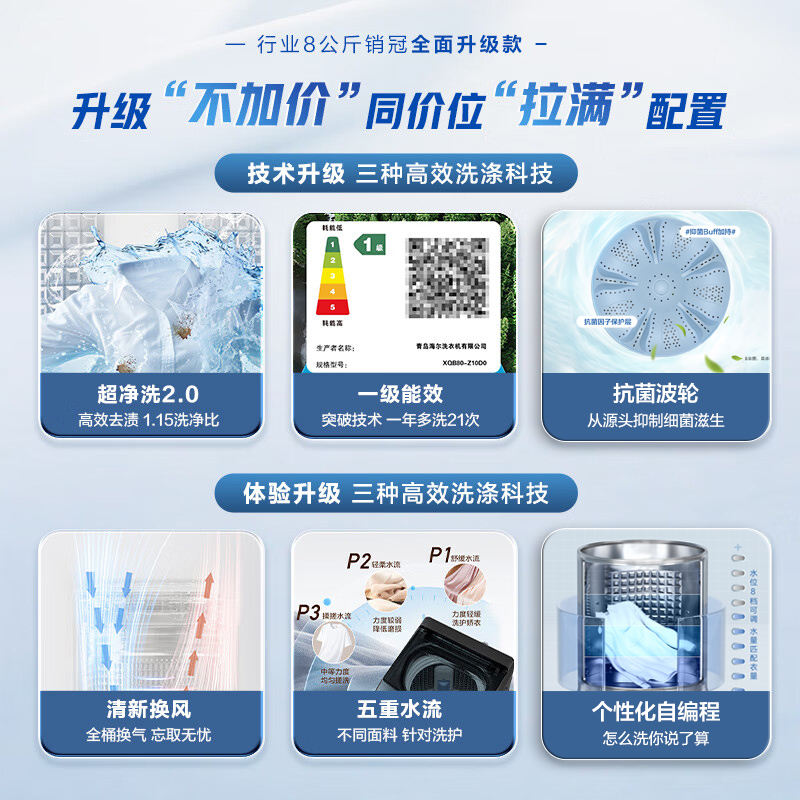 海尔(Haier)8公斤 家用 全自动波轮洗衣机 自编程 洗漂脱可调 政府补贴 清新换风XQB80-Z10B0高清大图