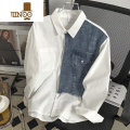 YANXU日系潮牌牛仔拼接长袖衬衫男小众设计感高街情侣宽松休闲白色衬日
