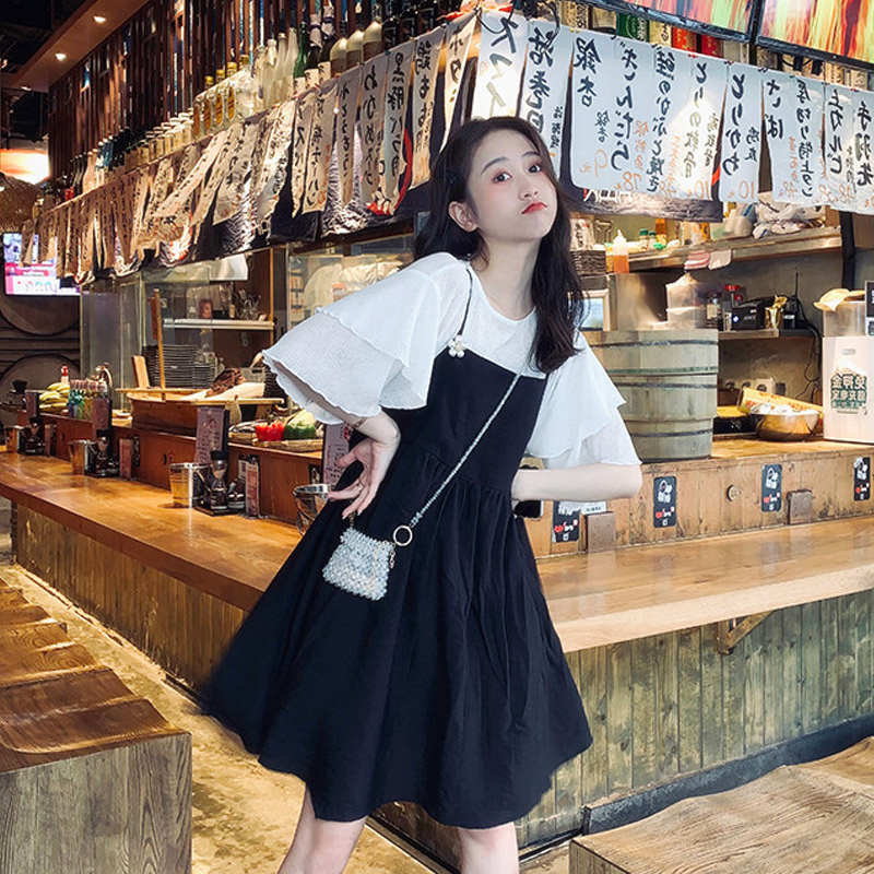 夏装2020新款套装遮肚连衣裙减龄胖mm显瘦洋气大码女很仙的两件套 白色+吊带裙 M码[建议80-100斤]